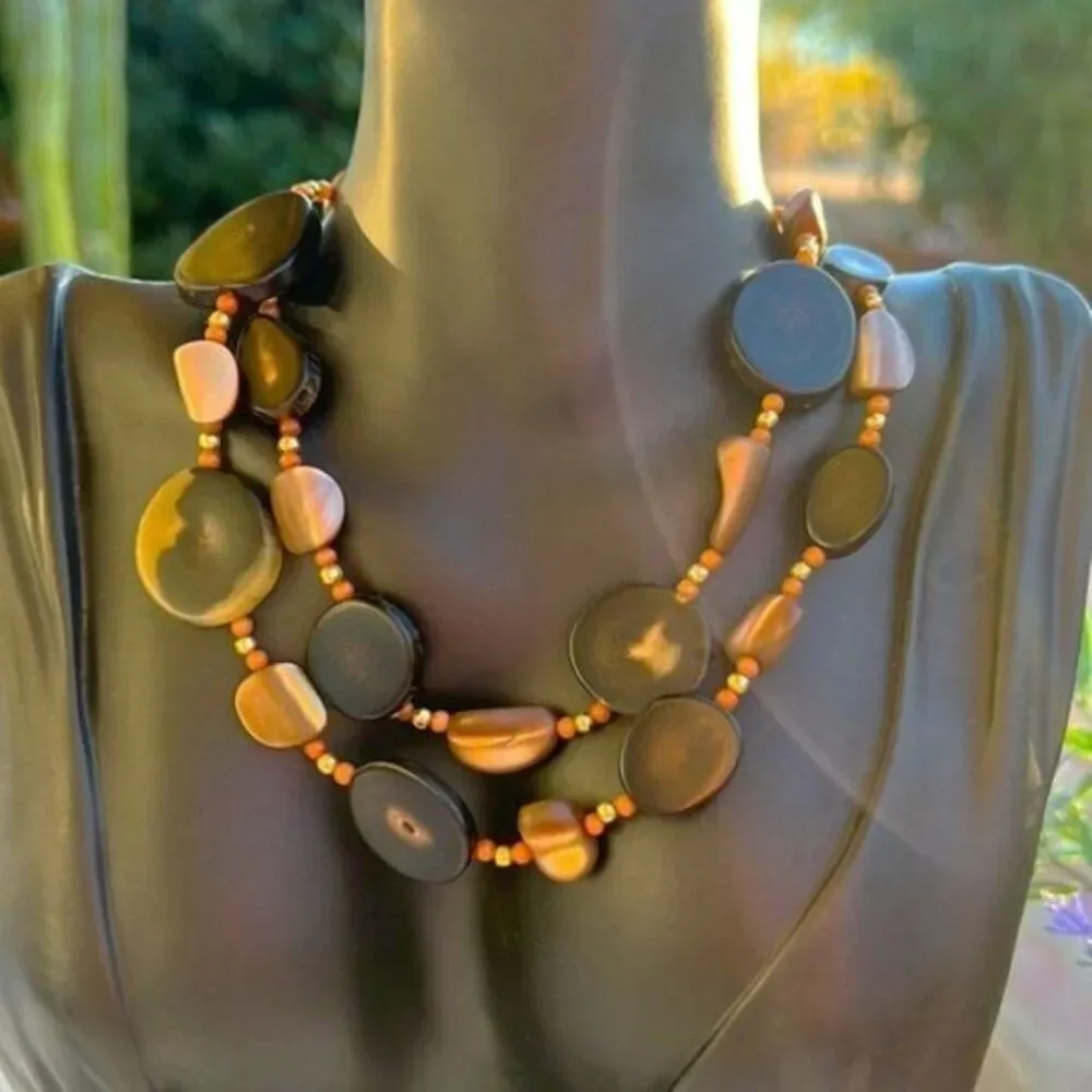 Vintage 70's Natural Horn, Coral & Abalone Shell Necklace 25”